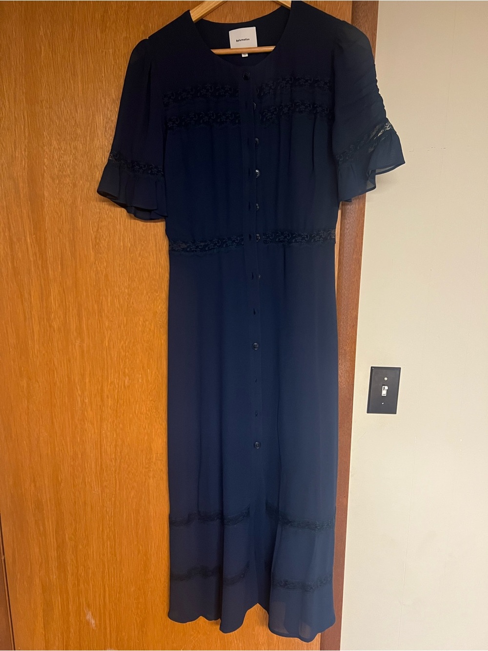 Reformation Navy Button-Front Maxi Dress with Lace Trim